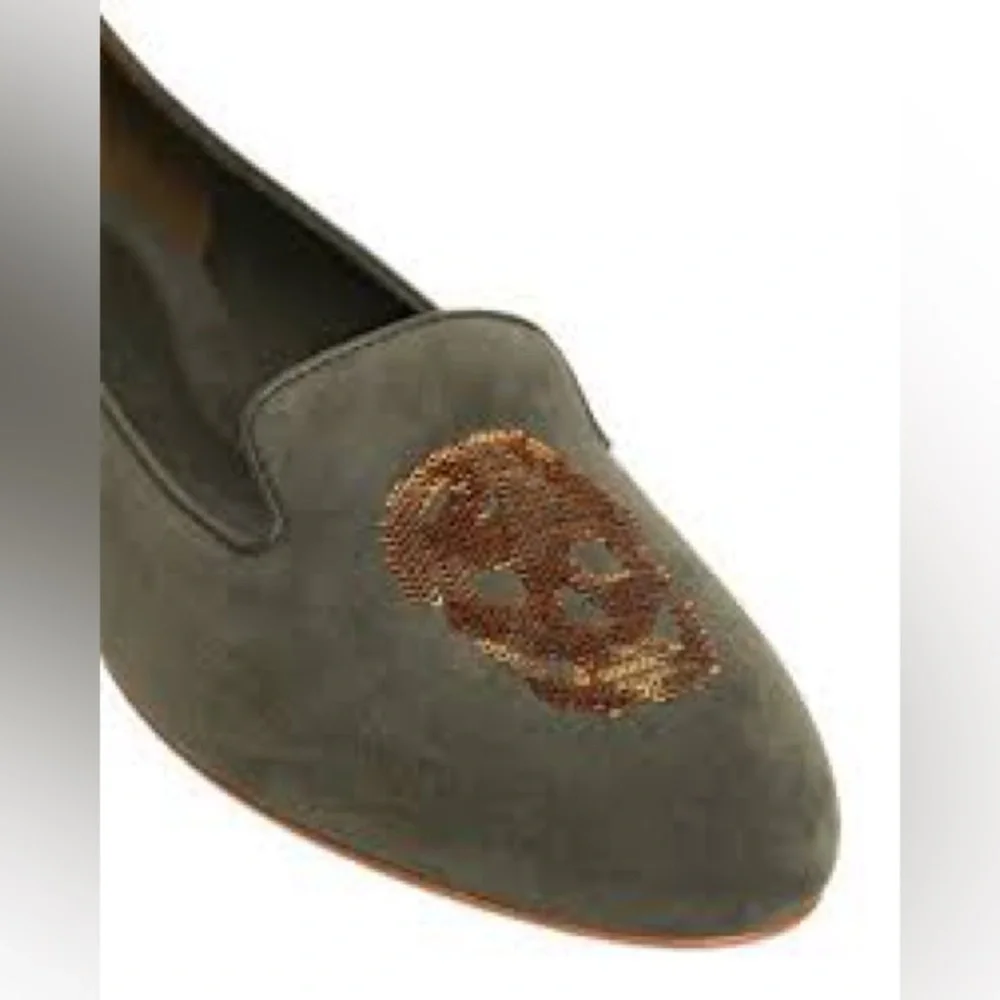 Alexander McQueen Olive Green Suede Loafers with Bronze Sequin Skull - Picture 3 of 10